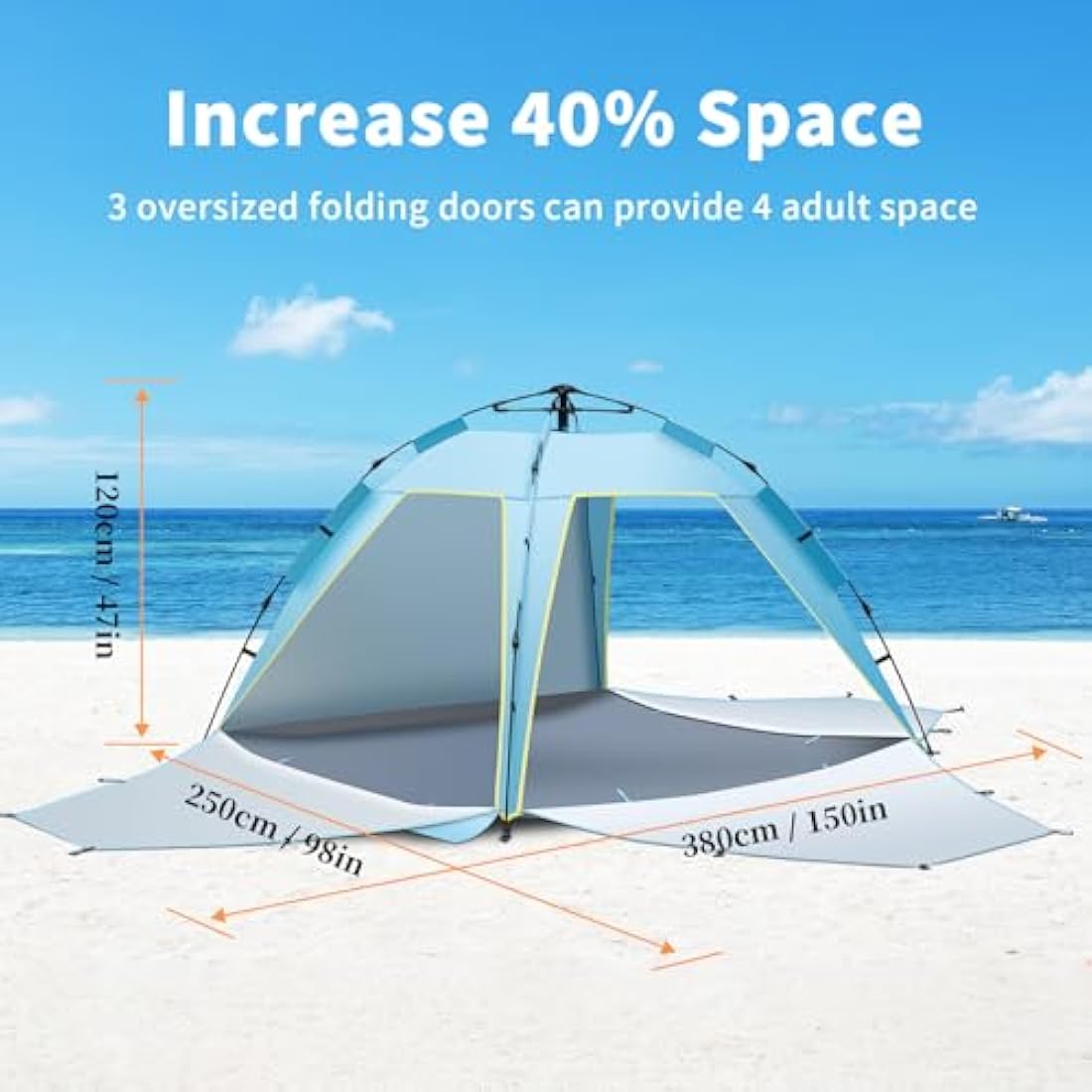 3-4 Person Instant Pop Up Automatic Beach Tent, Extra Large Portable Ventilated Sun Shelter with 3 expandable Door, Easy Setup Lightweight Sun Shade for Picnic,Beach,Garden