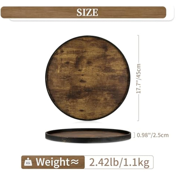 Hanobe Large Serving Tray Round: Decorative Coffee Table Tray for Ottoman Centrepiece Decor - Rustic Wooden Candle Platter for Dining Living Room Footstool 45 cm