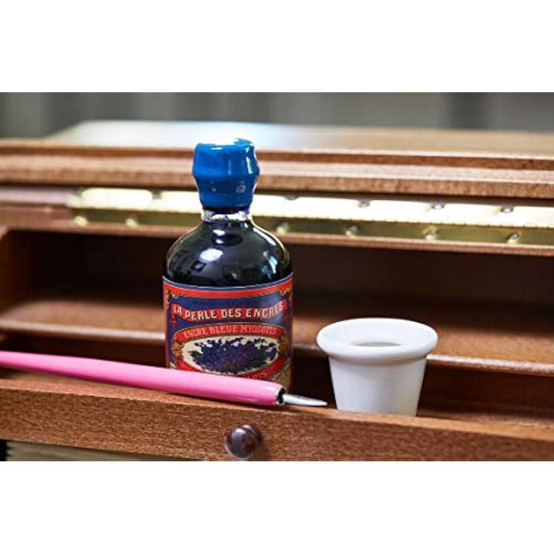 Jacques Herbin - Ref 27915T - 100ml Bottle of 'Special 350 Years' Ink with Inkwell Box & Porcelain Inkwell - Bleu Myosotis / Forget-Me-Not Blue - Blue-Coloured Ink