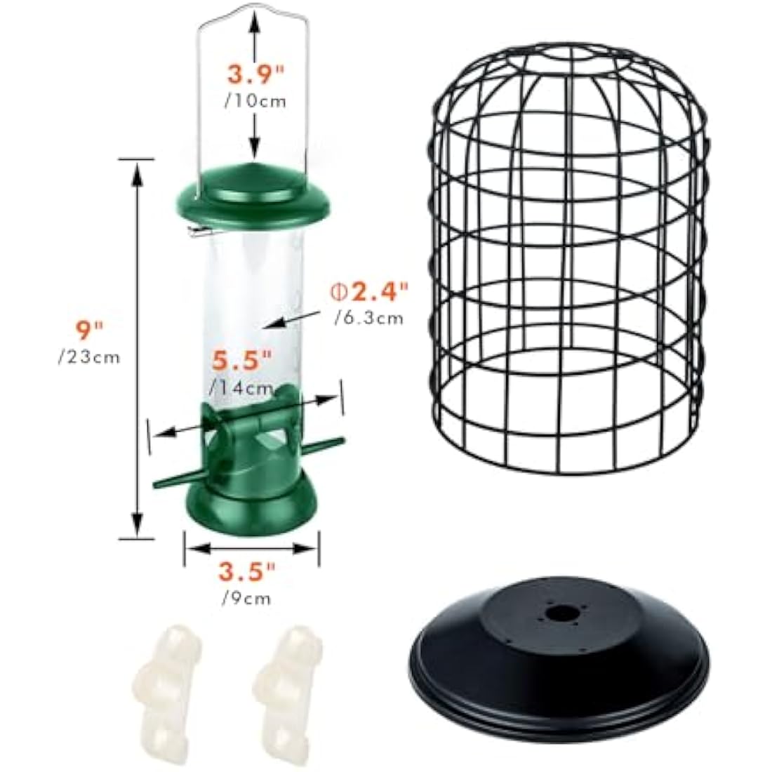 iBorn Squirrel Proof Bird Feeder with Squirrel, Pestoff Hanging Wild Bird Seed Feeder for Mix Seed Blends, Sunflower Heart, Birdbath, Heavy Duty All Metal Anti-UV Finishing, Green 8 Inch