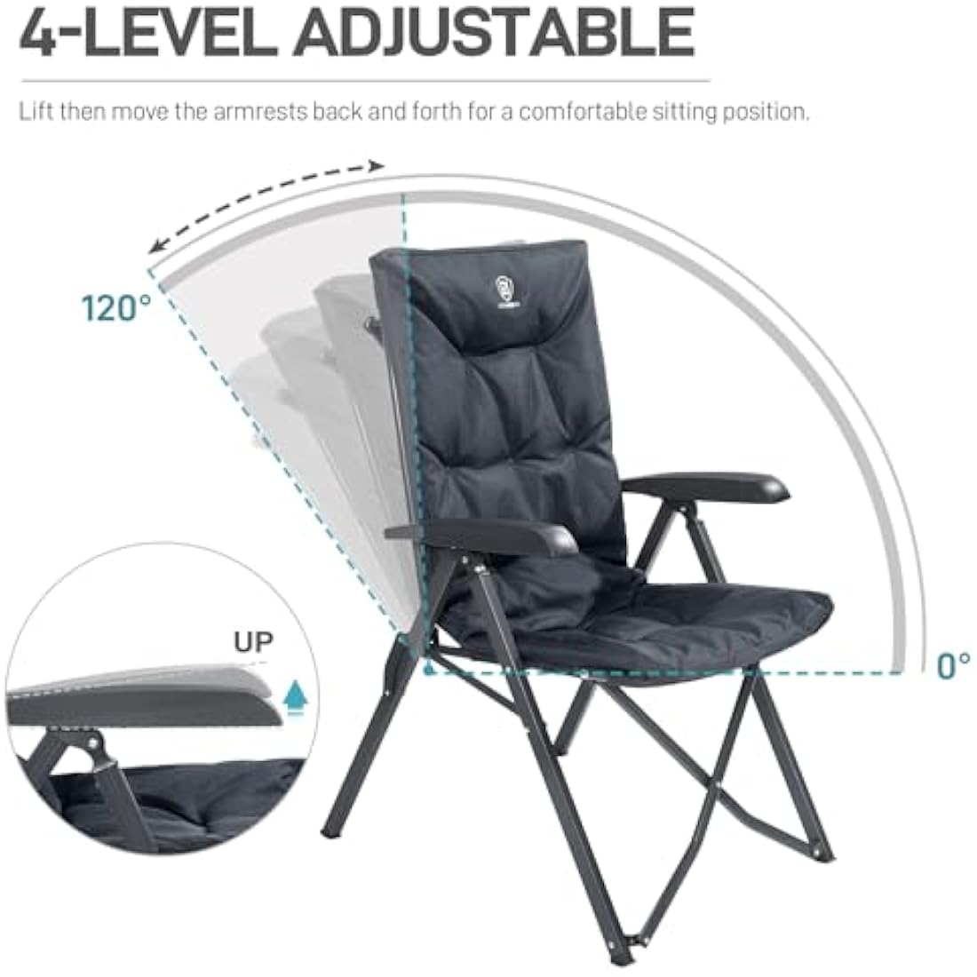 EVER ADVANCED Luxury Camping Chairs 2 Set for Adults Heavy Duty High Back Oversized Folding Garden Chair Comfy Padded 6cm Loadable 150kg Cam Adjustable Dining Chairs 4-Position Recliner Chair Black