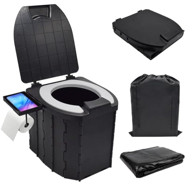 JNUYISW Foldable Camping Toilet, Portable Toilet with Lid for Adult Multifunctional Travel Mobile Toilet with Phone Holder, Paper Roll Holder for Camping, Trip, Picnic, Hiking, Fishing, Beach