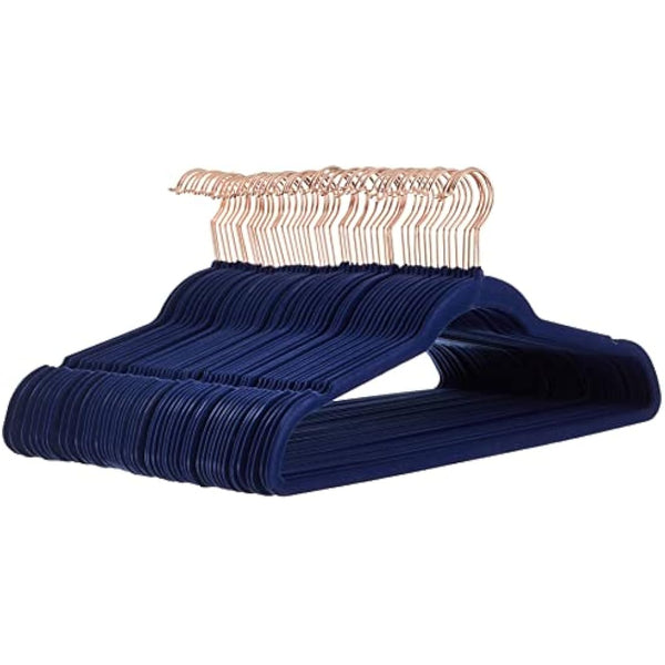 Amazon Basics Slim Velvet, Non-Slip Suit Clothes Hangers, Pack of 50, Navy Blue/Rose Gold