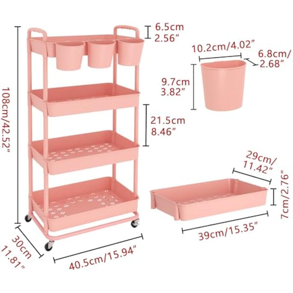 JIUYOTREE 4-Tier Plastic Rolling Storage Cart Utility Cart with Extra Hanging Cups Handles Lockable Wheels for Living Room Bathroom Kitchen Office Pink