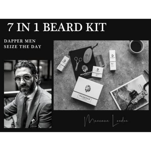 Maneman London Beard Grooming Kit for Men - 7 Piece Gift set, shampoo, oil, softens,itch free relief