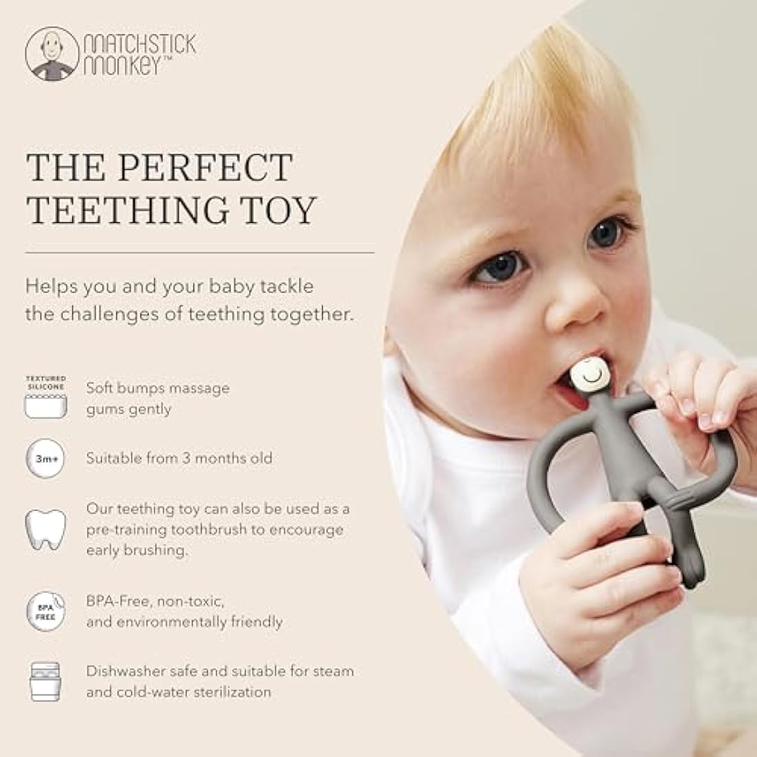 Matchstick Monkey, Original Teether & Gel Applicator, Antimicrobial Silicone Teething Toys for Baby, Easy to Grip, BPA Free, 3 Months Old+, 10.5 cm, Grey Monkey
