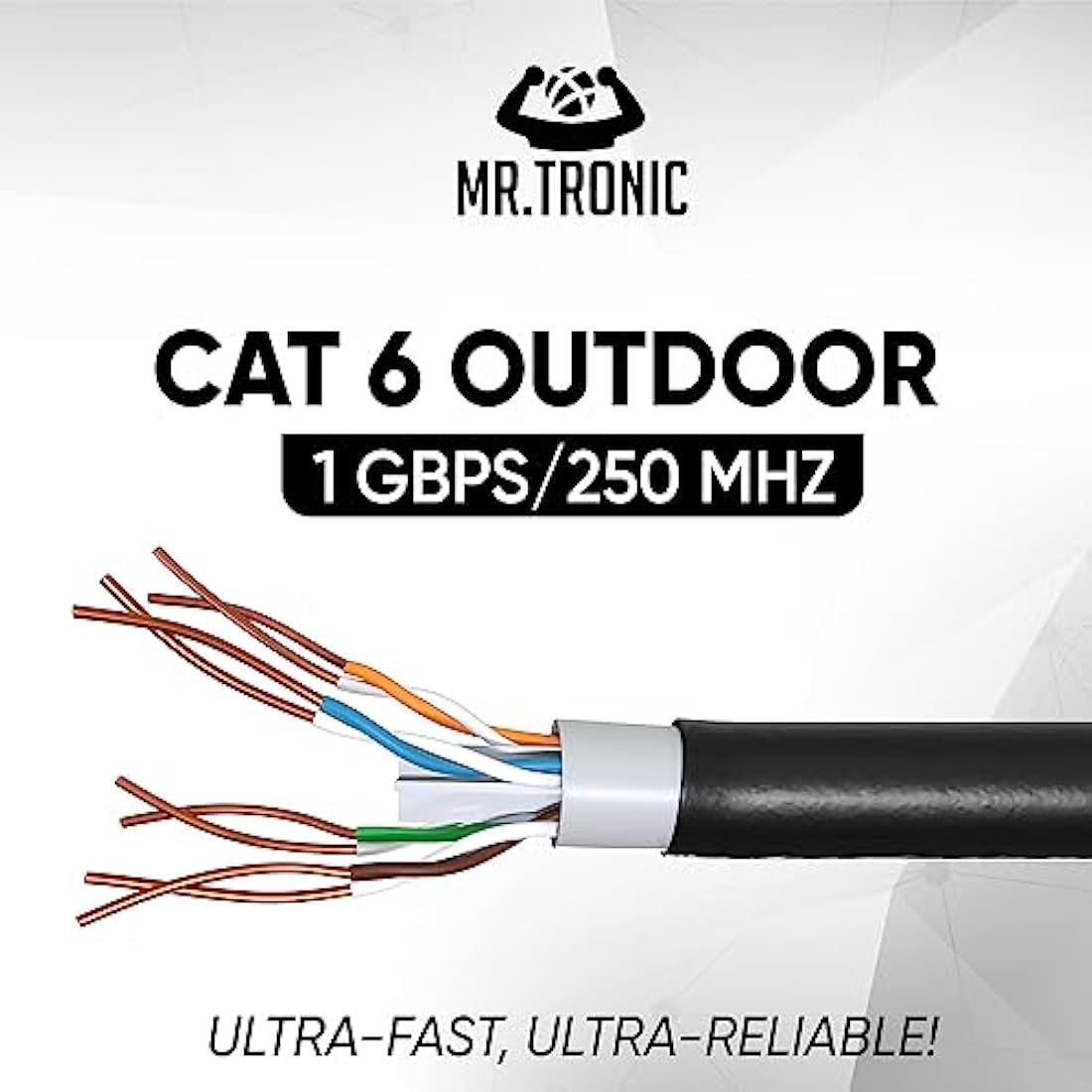 Mr. Tronic Outdoor Waterproof Cat 6 Ethernet Cable 100m, High Speed LAN Ethernet Network Cable, Bulk Cat6 Internet, 1 Gbps, 250 Mhz, ADSL AWG24, UTP CCA (100 Meter, Black)
