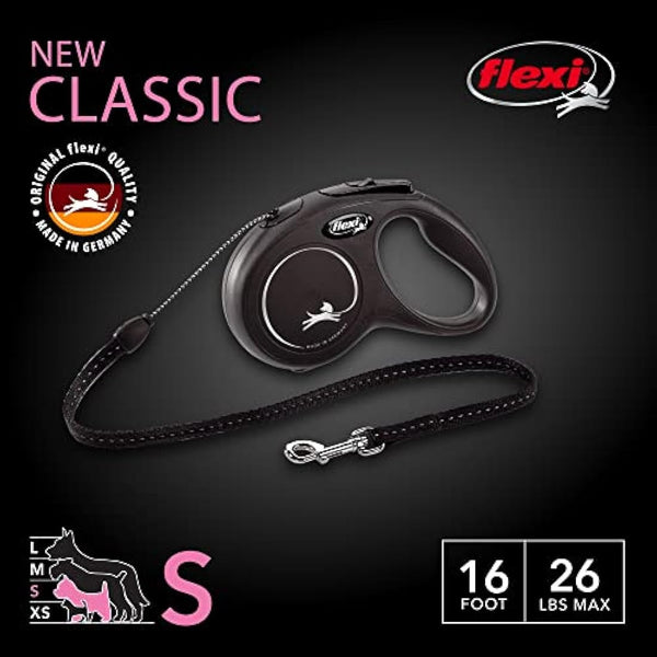 flexi Classic Retractable Dog Leash (Rope), Ergonomic, Durable and Tangle-Free, for Dogs up to 26 lbs, 16 ft, Small, Black