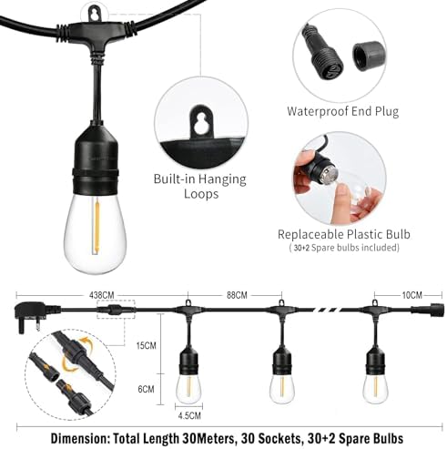 30M Festoon Lights Outdoor E27 IP65 Waterproof Festoon Lights Outdoor String Lights 4.4M Extension Cable Included, 30+2 Shatterproof S14 2700K Bulbs for Pergola Garden Backyard Fence, Linkable