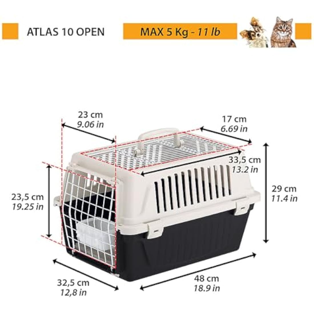 Ferplast Cat Carrier Small Dog Carrier, Double Opening, Secure, Practical, Easy to Clean, Durable Pet Travel Box up to 5 Kg, Includes Cushion, 48 x 32.5 x h 29 cm.
