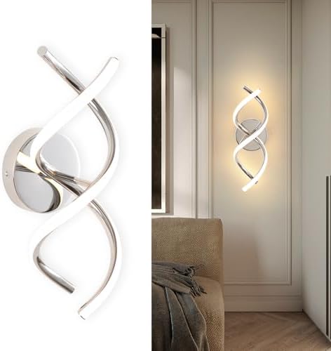 EIDISUNY Wall Lamp LED Silver Modern Elegant Spiral Indoor Wall Lights for Bedside Bedroom Living Room Hallway Bathroom Kitchen Wall Lighting Fixture - Chrome 24W 3000K Warm White Light