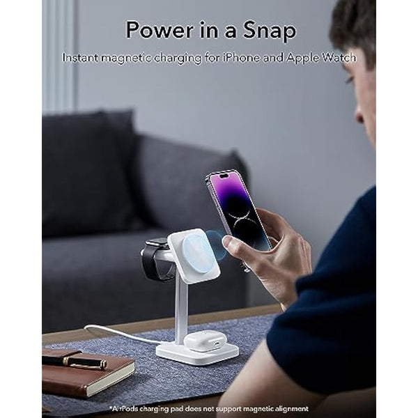 ESR 3-in-1 Wireless Charger Stand with MagSafe, Removable Made for Apple Watch Certified Charger, MagSafe Charging Station, Magnetic Charger for iPhone 16/15/14/13/12 Series, AirPods 4/3/Pro, White