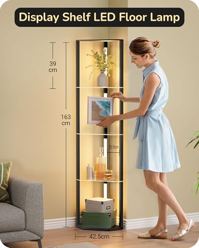 EDISHINE LED Floor Lamps with Glass Shelves, 4 Layers Wood Dimmable Standing Lamp, 360° Rotatable Poles, Corner Floor Lamps for Living Room Bedroom Office, Black