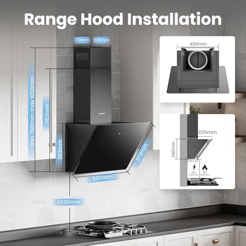 COMFEE' 60cm Angled Cooker Hood ANGJ64B-60 Tempered Glass Extractor Hood with Touch Screen, LED and Recirculating & Ducting System Wall Mounted Extractor Fan kitchen 600mm - Black