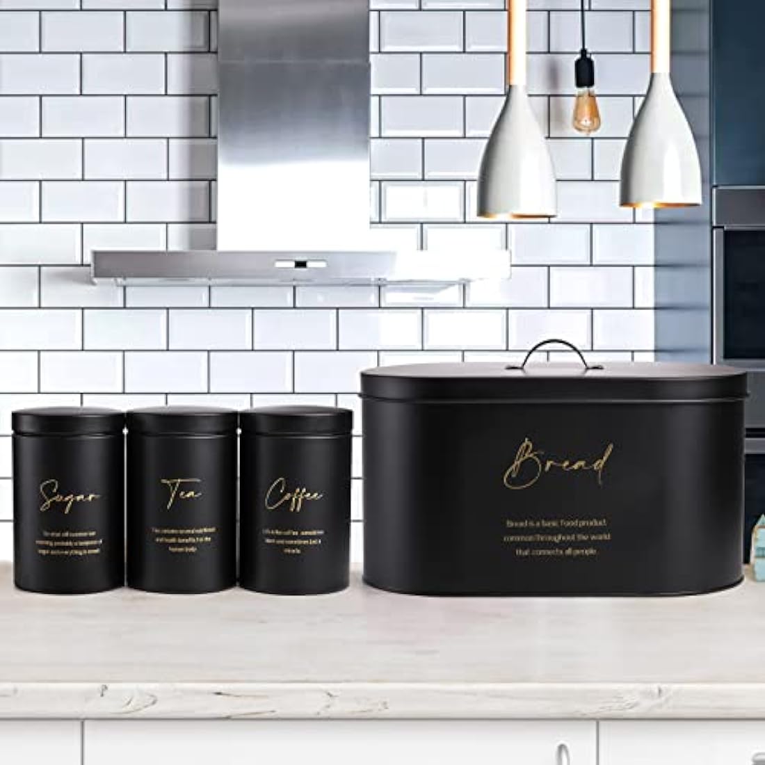 Hacaroa Set of 4 Bread Box and Canister Set for Kitchen Countertop, Metal Bread Bin Sugar Tea Coffee Storage Canister with Lid, Biscuit Tin Set for Loaf, Pastry, Dry Food, Black