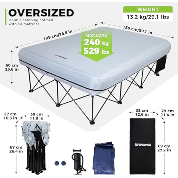 FUNDANGO Camping Beds Double with Air Mattress Folding Camp Beds 2 Person with Mattress Camping Cot Portable Air Bed with Air Pump Side Table Sleeping Cot Guest Bed for Travel Fishing Picnic Indoor