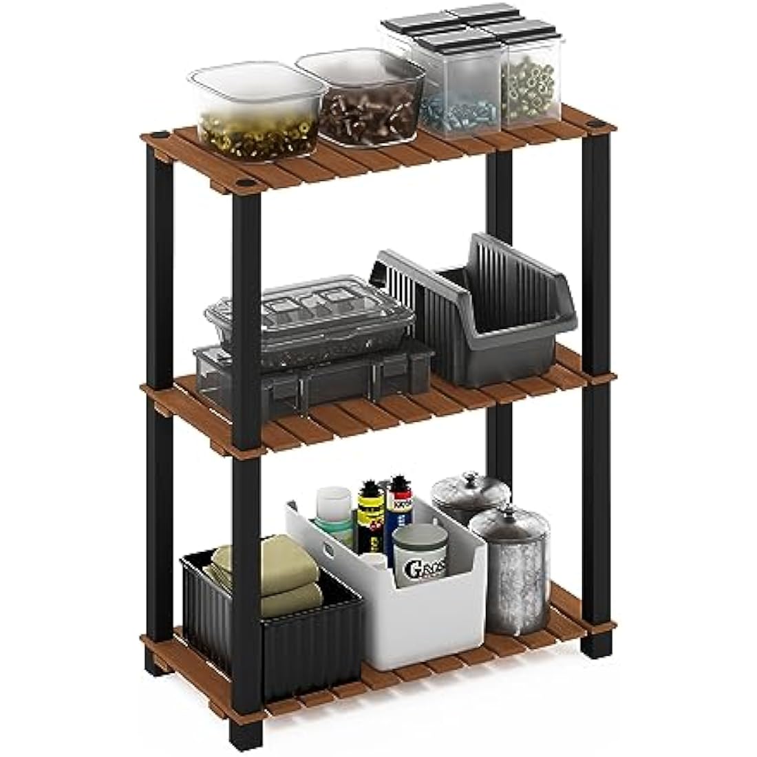 Furinno Pangkor 3-Tier Turn-N-Tube Indoor Outdoor Plant Shelf Wood Stand with Square Poles, Natural/Black