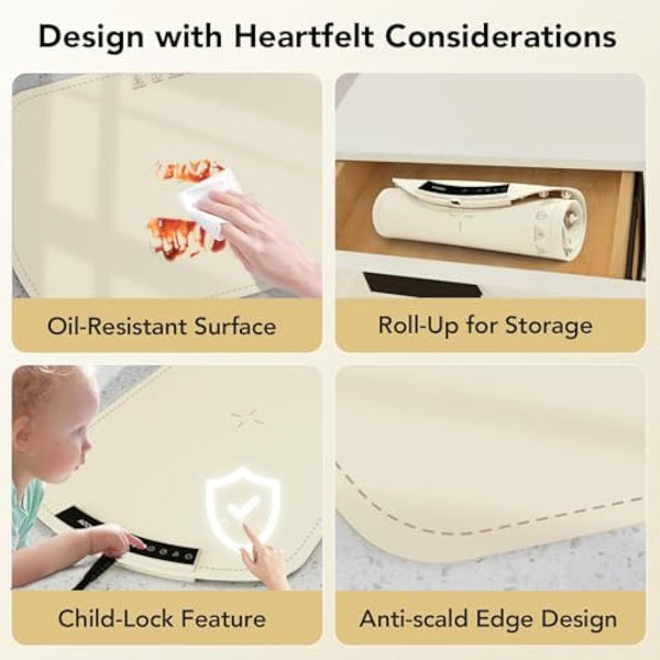 Accwork Electric Food Warmer, Portable Food Warming Tray with 6 Timers, 9 Temperature Settings, Waterproof Silicone Heating Mat for Buffet Party, Home Dinners & Gatherings, 65 x 40 x 1.8cm, Beige