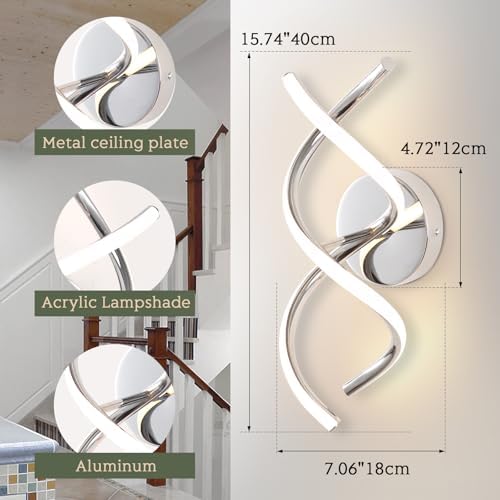 EIDISUNY Wall Lamp LED Silver Modern Elegant Spiral Indoor Wall Lights for Bedside Bedroom Living Room Hallway Bathroom Kitchen Wall Lighting Fixture - Chrome 24W 3000K Warm White Light