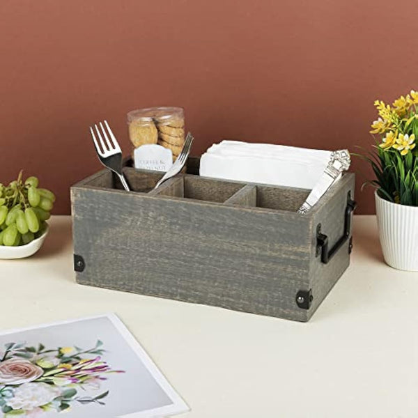 GoCraft 4 Compartment Flatware Caddy, Cutlery Utensil Holder, Silverware Condiment Organizer with Napkin Holder for Kitchen, Dining, Picnics, Grey Washed Mango Wood Caddy with Metal Handles