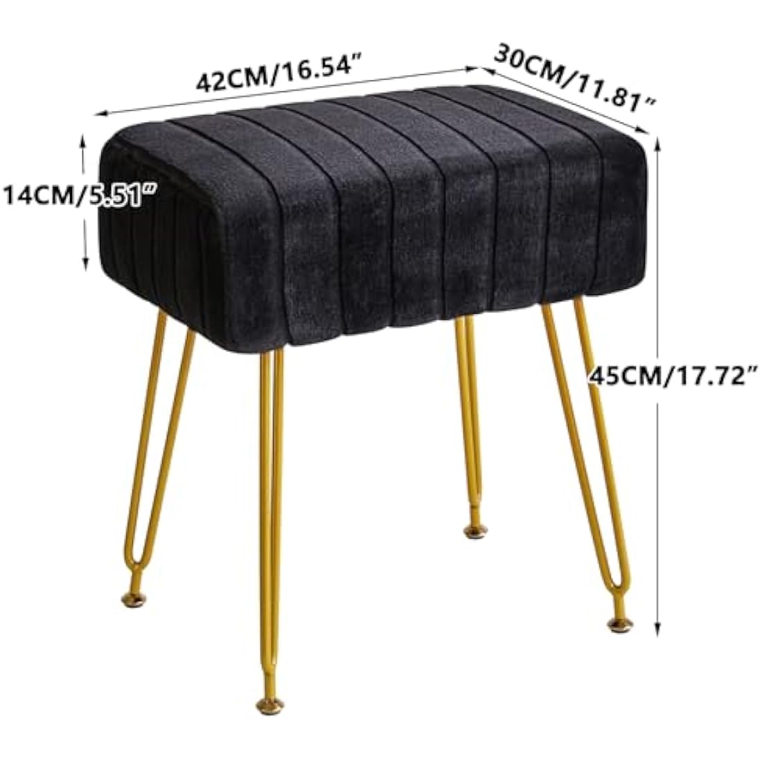 IBUYKE Velvet Rectangular Footrest Ottoman, Makeup Vanity Stool Side Table, Dressing Table Seat, Pouf Couch Stool, Golden Steel Legs, Black L/G-51B