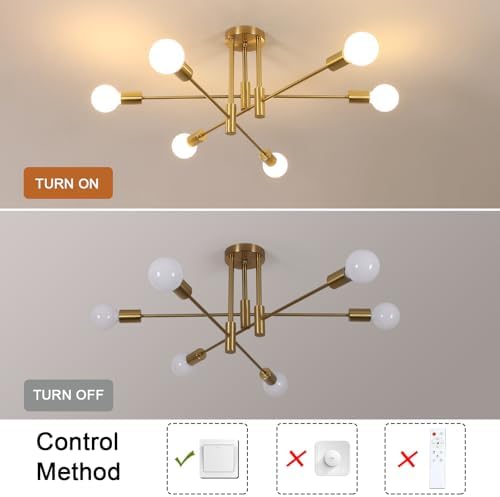Dorlink Sputnik Ceiling Light, 6-Light Gold Adjustable Modern Ceiling Lamp, E27 Mid Century Metal Light Fittings Ceilings for Living Room, Dining Room, Kitchen, Bedroom (Electroplated Gold)
