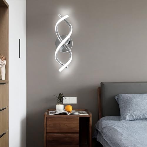 EIDISUNY Wall Lamp LED Silver Modern Elegant Spiral Indoor LED Wall Lights for Bedside Bedroom Living Room Hallway Bathroom Kitchen Stairs Wall Lighting Fixture - Chrome 24W 6000K Cool White Light