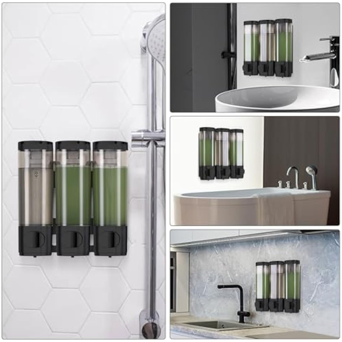 LKEVREG Soap Dispenser Wall Mounting, Shampoo Shower Gel Dispenser, Set of 3, No Drilling, 300 ml Each, Leak-Proof, Black
