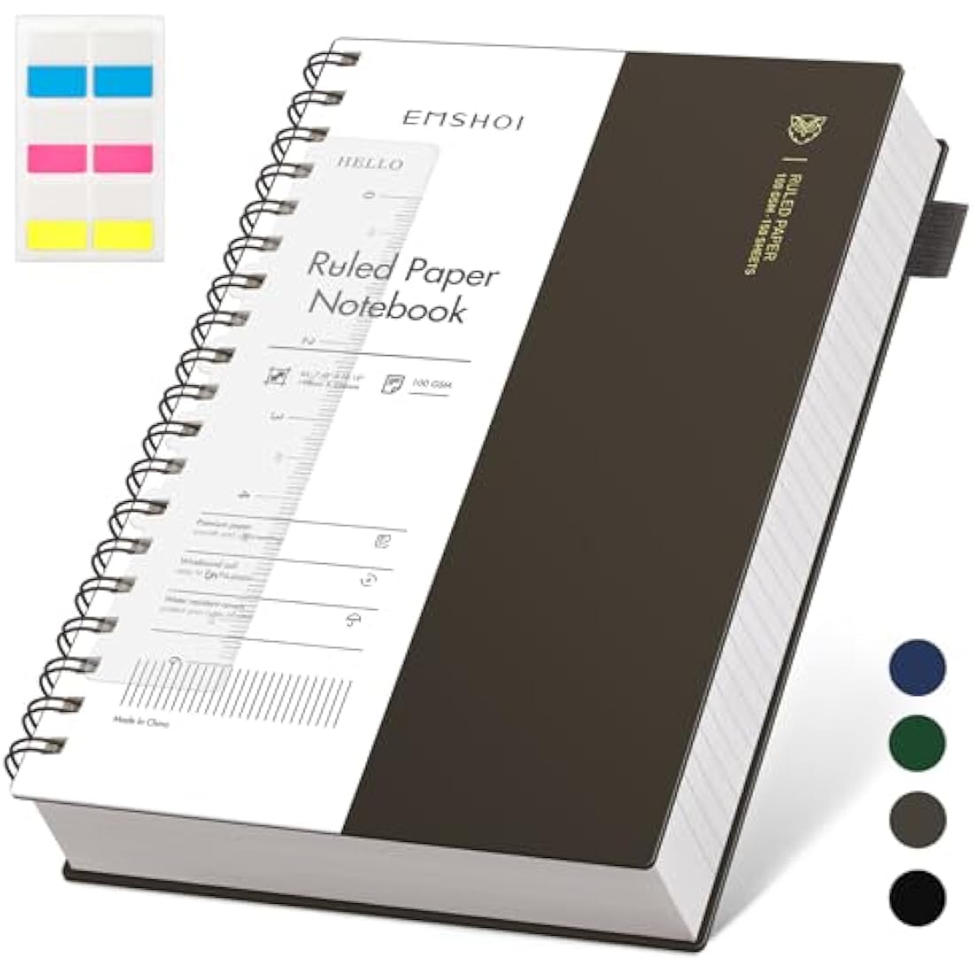 EMSHOI B5 Wirebound Notebook Lined 300 Pages/150 Sheets, Spiral Notepad Multi-Coloured, 100gsm Thick Paper, Waterproof Hardcover, Writing Journal for Women Men Work Office School,19 x 25 cm, Coffee
