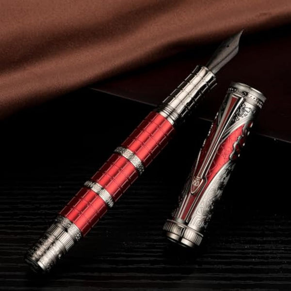 Hongdian D5X Fountain Pen Red Color Extra Fine Nib, Qin Dynasty Retro Chinese Totem Engraving Smooth Writing Pen with Converter and Pen Box Set