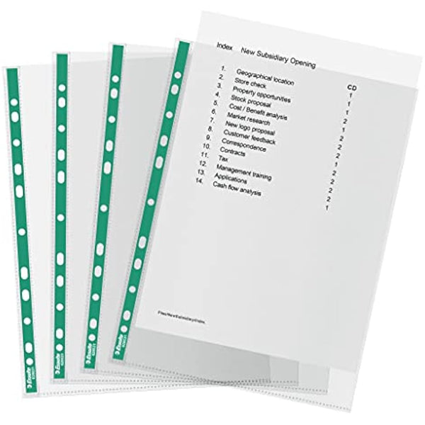 Esselte A4 Punched Pockets, 200 x Poly Pockets, 34 Micron Thickness, Embossed A4 Pockets With Punched Reinforced Green Spine, Ideal For Lever Arch Files & Ring Binders (Pack of 200), 628532