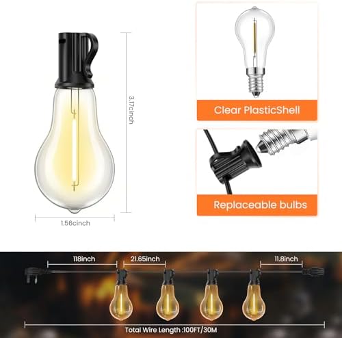 Bestendony 100FT Plug In Outdoor Lights Festoon Light Mains Powered Garden Bulb Lights Outdoor Waterproof with 50+2 Shatterproof Bulbs Outside Hanging Decorative Light for Garden, Porch, Gazebo, Party