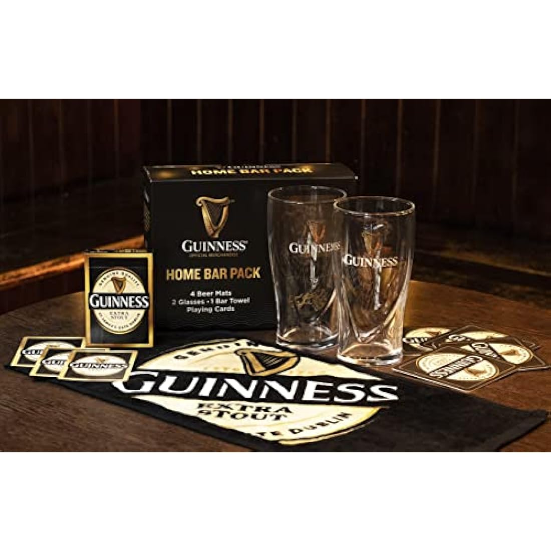 Guinness Home Bar Pack - Gravity Pint Glasses, Bar Towel & Playing cards