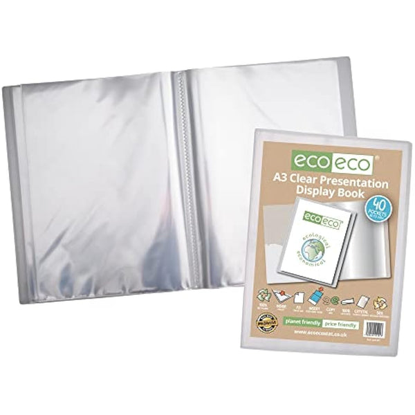 eco-eco A3 Size 50% Recycled 40 Pocket Clear Presentation Display Book, Storage Case Portfolio Art Folder with Plastic Sleeves, eco101