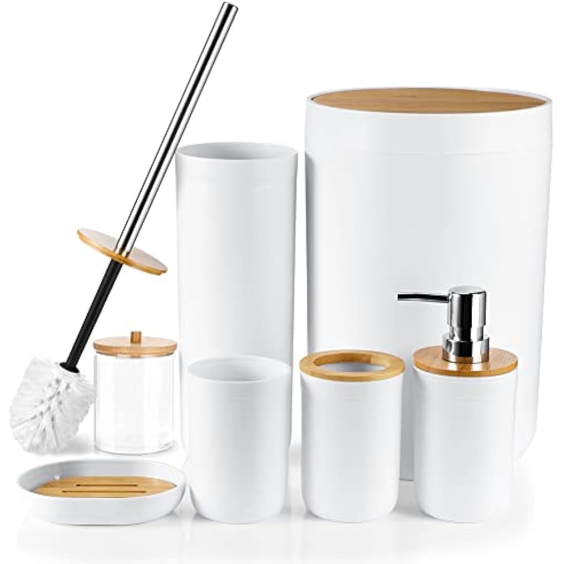 JOTOM 7 Pieces Bamboo Bathroom Accessory Set Luxury Plastic Accessories Qtip Holder Toothbrush Tumbler Toilet Brush Soap Dish Trash Can Dispenser Bath Gift (White) (JQJT1009)