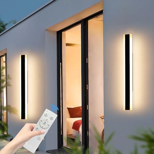 Mikeru Modern 80cm Dimmable Outdoor Wall Light, 2 Pack 3 Colour Temperatures 3000K/4500K/6500K IP65 Rainproof Outside Wall Light with Remote Control (Batteries Not Included) for Porch, Patio