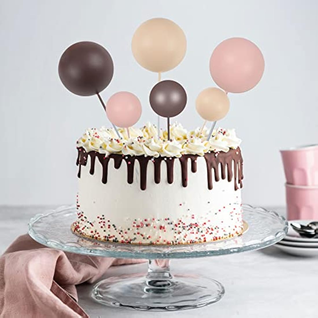 Gyufise 30Pcs Mini Balloon Cake Topper Brown Foam Ball Cake Topper Decorations Faux Pearl Balls DIY Cake Insert Topper Baking Decoration for Wedding Baby Shower Girls Boys Birthday Party Supplies