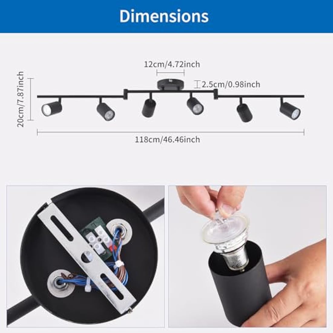 ANWIO 6 Black GU10 Spotlight Ceiling Lights,Bedroom Kitchen Lights Ceiling,GU10 Industrial Hallway Ceiling Light Fitting,Spot Light Bar Indoor Adjustable Light Ceiling Spot Lamp(Bulbs Not Included)