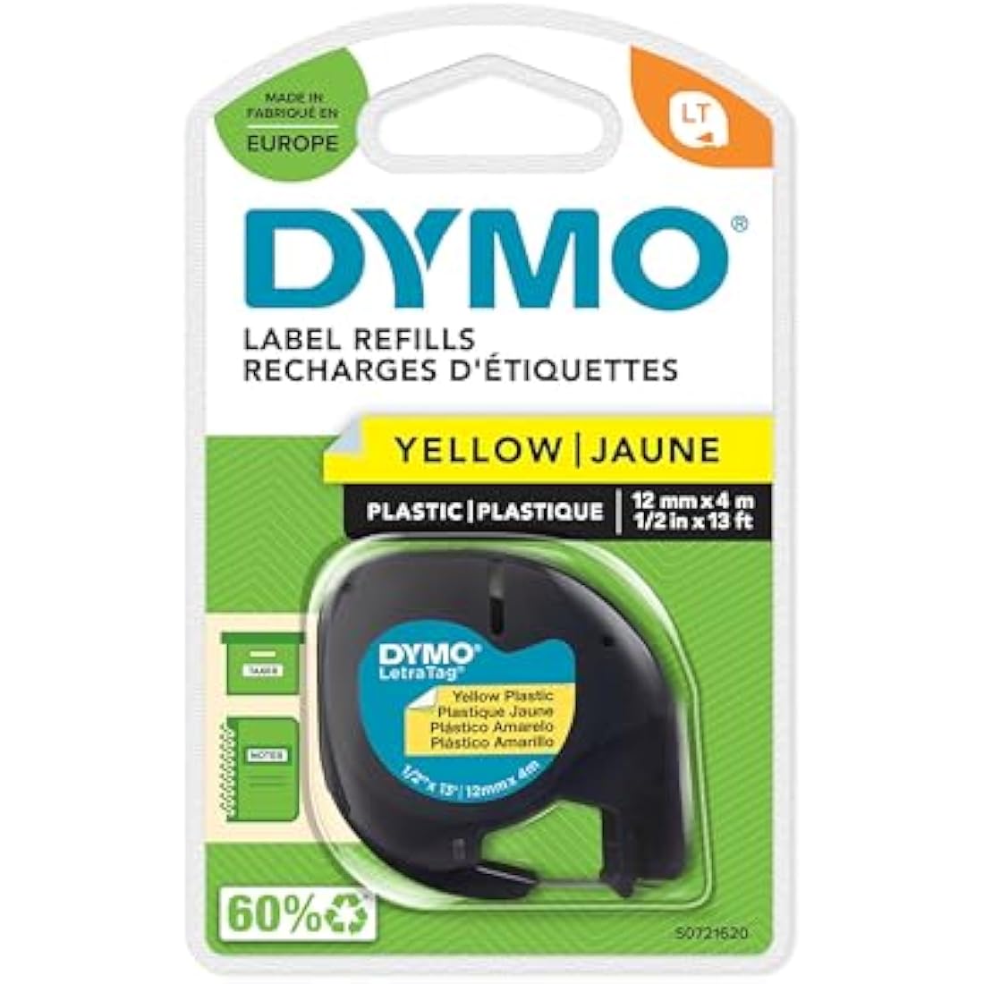 DYMO Branded LetraTag Plastic Labels | 12 mm x 4 m Roll | Black Print on Yellow | Multipurpose, Self-Adhesive Labels for LetraTag Label Makers
