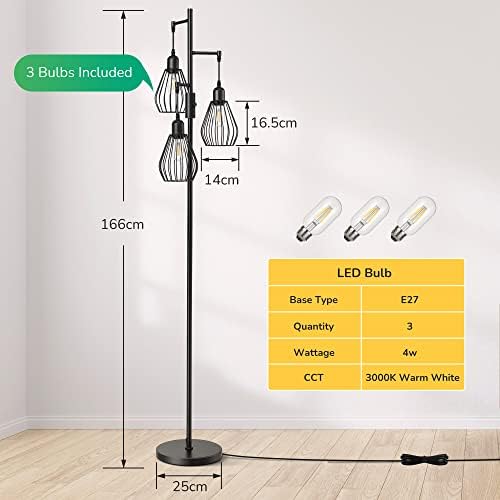 EDISHINE Industrial Floor Lamp, Dimmable Standing Lamp with Wire Cage Lampshade, Floor Lamps for Living Room, Bedroom, E27 Sockets, 3 LED Bulbs Included, Black Metal