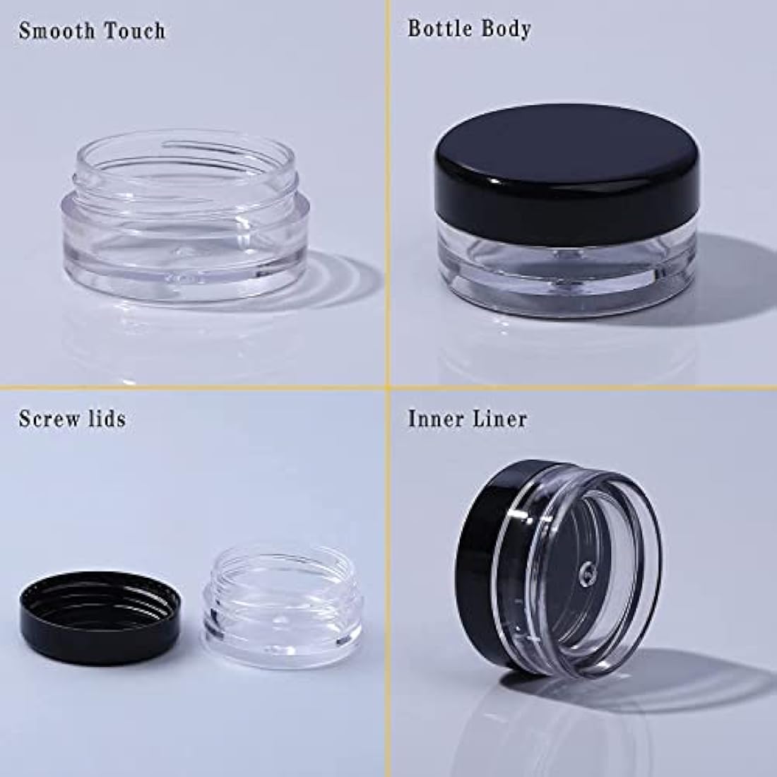 100PCS Clear Sample Empty Containers with Lid 3g, BPA Free Travel Round Jars, Leak Proof Cosmetic Pot Jars, Refillable Sample Containers for Makeup, Powder, Jewelry, with 5 Mini Spatulas