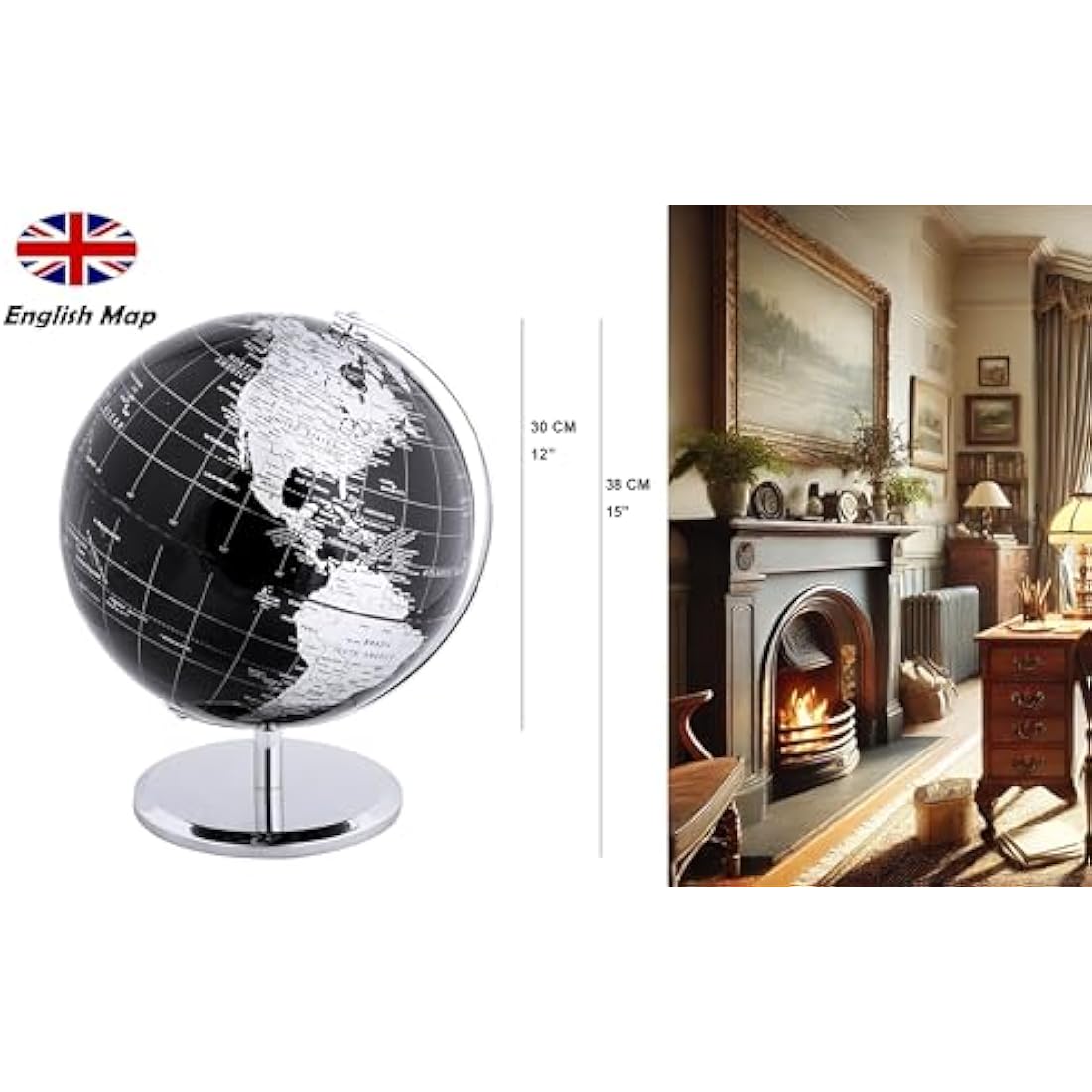 Exerz 30cm World Globe With a Metal Base, Metallic Black Earth Globe Geographic English Modern Map Desktop Decoration