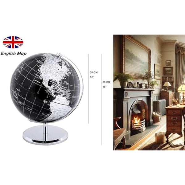 Exerz 30cm World Globe With a Metal Base, Metallic Black Earth Globe Geographic English Modern Map Desktop Decoration