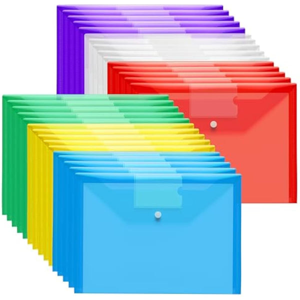 Plastic Wallets A4-30 Pack Plastic Folders Waterproof Document Wallet Files Folder Clear A4 Wallets with Popper Wallet for Home, School, Travel and Office Supplies Storage, Assorted Colours