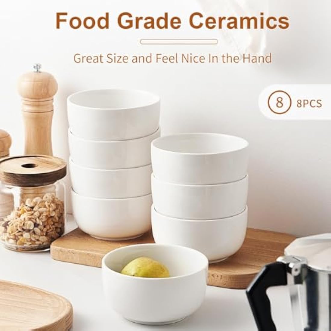 Jassceram Cereal Bowls Set of 8, 350ml Small Ceramic Bowls for Soup, Rice, Ice Cream, Dessert, Snack, Side Dishes, Suitable for Portion Control - Dishwasher & Microwave Safe, 4.5 Inch, 12 Oz, White