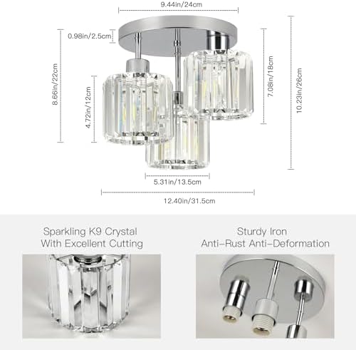 FORCOSO Ceiling Light 3 Lights, Modern Light Shade Crystal Light Fitting, Semi Flush Chandelier Lampshade, E27 Lighting Fixture for Living Room Bedroom Hallway Kitchen Dining Room Foyer Chrome