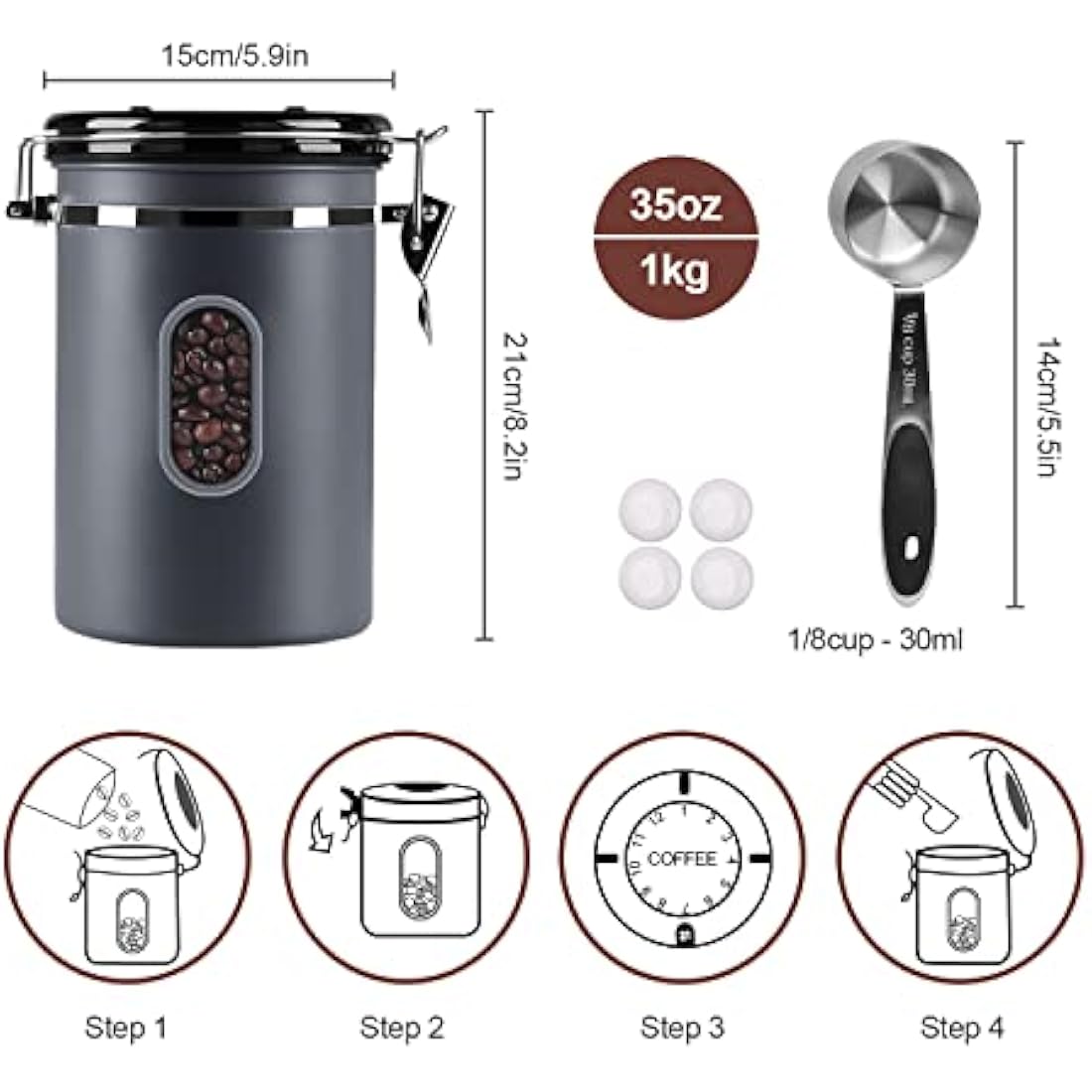2800ML Airtight Coffee Canister with Date Tracker and Transparent Window, 35OZ Coffe Beans Storage with 30ML Measure Spoon&4 co2 Valve, Coffee Container for Grounds Coffee, Beans, Tea, Sugar&Flour