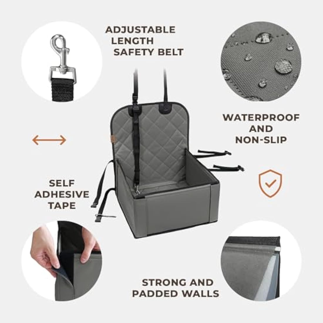Extra Stable Dog Car Seat - Robust Car Dog Seat or Puppy Car Seat for Small to Medium-Sized Dogs - Reinforced Walls and 3 Belts - Waterproof Pet Car Seat for Back and Front Seat (Grey)