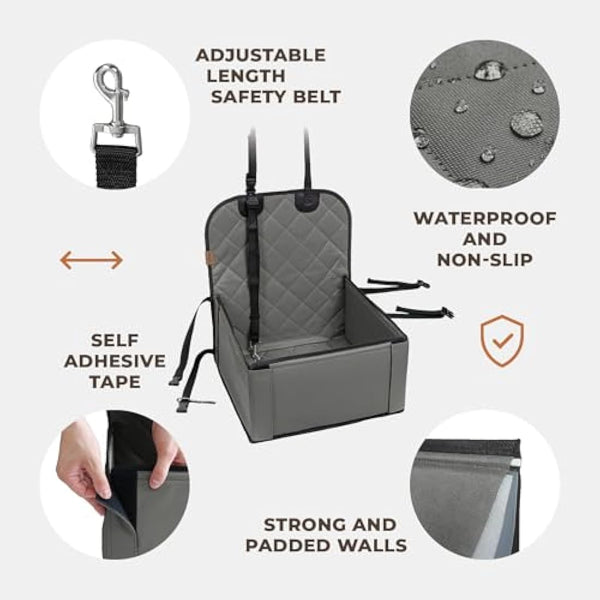 Extra Stable Dog Car Seat - Robust Car Dog Seat or Puppy Car Seat for Small to Medium-Sized Dogs - Reinforced Walls and 3 Belts - Waterproof Pet Car Seat for Back and Front Seat (Grey)