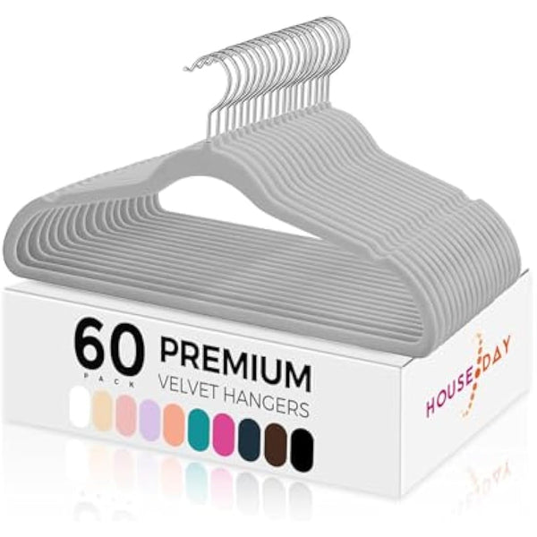 HOUSE DAY Velvet Hangers 60 Pack - Non-Slip Premium Hangers for Clothes, Felt heavy Duty Coathangers, Durable Suit Hanger for Space Saving, No Hanger Marks 360 Rotating (Light Grey)